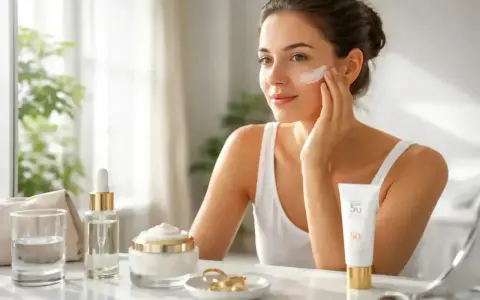 Une femme applique une crème solaire SPF 50. La question est : crème solaire avant ou après crème de jour ?