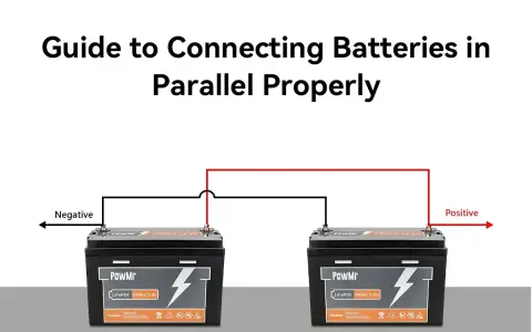 Zwei Batterien sind parallel geschaltet. Ein schwarzes Kabel verbindet die negativen Pole, ein rotes Kabel die positiven. Dies zeigt eine korrekte Batterie schaltung.