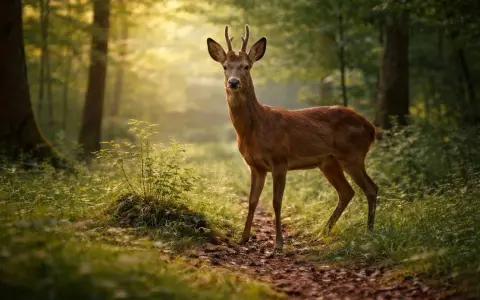 Un jeune cerf, membre de la famille du chevreuil, se tient sur un sentier forestier baigné de soleil.