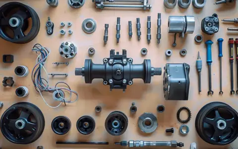 Vue éclatée de pièces mécaniques, dont une **tête électrovanne** centrale, des roues, des vis et des outils.