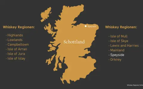 Karte Schottlands mit markierten Whiskey Regionen. Speyside ist hervorgehoben.