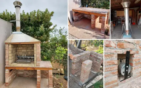 Dettagli di un barbecue fai da te in costruzione: mattoni, cappa, griglia e camino.