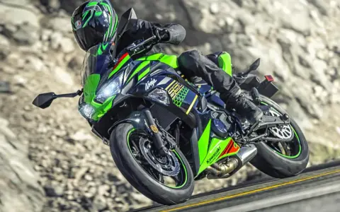 Motocyklista na zielono-czarnym Kawasaki Ninja 650, z widocznymi danymi technicznymi, pokonuje zakręt na górskiej drodze.