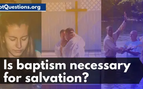 A young woman's contemplative face, a baptism by immersion, and a man raising his hand in worship. The text asks: Is baptism necessary for salvation?