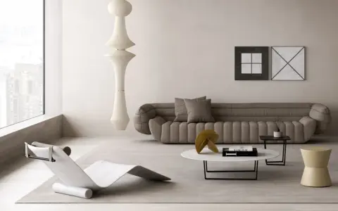 Un angolo relax salotto con chaise longue di design, divano imbottito, tavolino con libro Vogue e un'imponente lampada a sospensione.