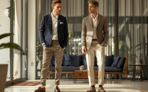 Two men showcase stylish sport coat color combinations. One wears a navy blazer with tan pants, the other a brown patterned blazer with cream trousers.