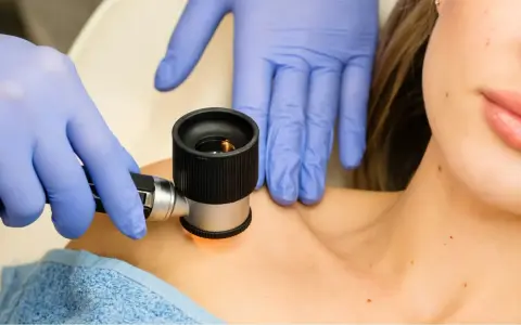 Dermatolog w niebieskich rękawiczkach wykonuje wideodermatoskopię znamion na szyi pacjentki.