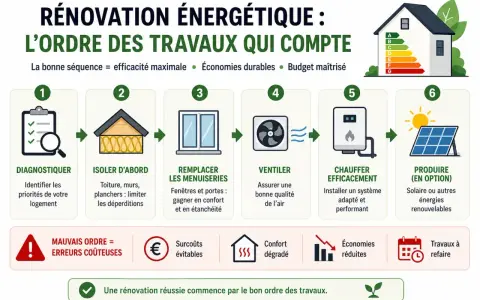 Schéma des travaux de second oeuvre pour une rénovation énergétique : diagnostic, isolation, menuiseries, ventilation, chauffage, production d'énergie.