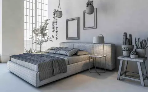 Un letto grigio chiaro con copriletto coordinato, cuscini a righe e piante decorative. Un'atmosfera rilassante per ogni camera.