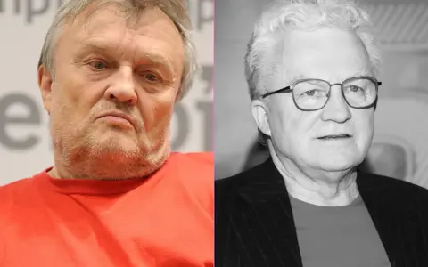 Dwa portrety mężczyzn. Po lewej w kolorze, w czerwonej bluzce. Po prawej czarno-biały, w okularach. Krzysztof Cugowski nie żyje.
