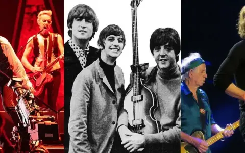 The Beatles i The Rolling Stones, dwa najsłynniejsze brytyjskie zespoły muzyczne, na kolażu zdjęć.