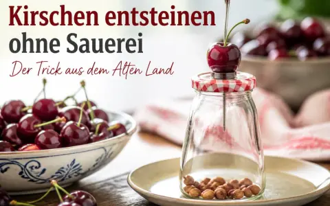 Kirschen entkernen ohne Sauerei: Ein Trick aus dem Alten Land zeigt, wie es geht. Ein Kirschkernentkerner drückt den Kern durch die Frucht in ein Glas.