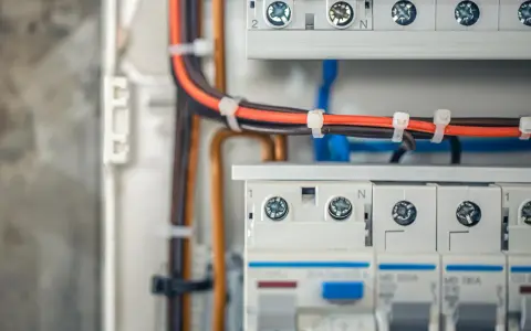 Nowoczesna instalacja elektryczna bezpuszkowa z uporządkowanymi przewodami w skrzynce rozdzielczej.