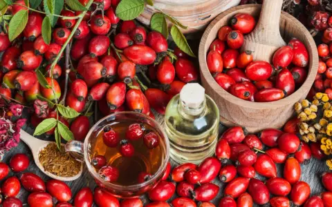 Frische Hagebutten, Tee, Öl und getrocknete Früchte – alles für leckere Hagebutten Rezepte.