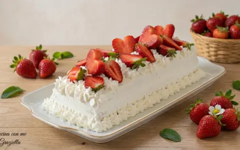 Delizioso rotolo panna e fragole, ricoperto di panna montata e fragole fresche, con fragole in un cestino sullo sfondo.