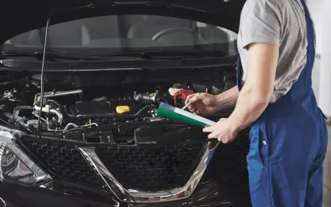 Mechanik sprawdza poziom płynów w silniku, zastanawiając się, czy można dolać płyn hamulcowy.