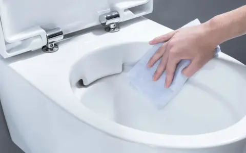 En hand torkar rent en toalettstol. Det syns inga spår av kalk i toaletten tack vare den noggranna rengöringen.
