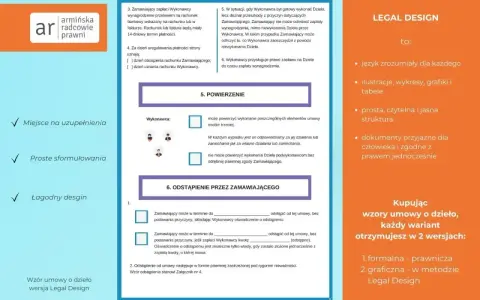 Wzór umowy o dzieło w wersji Legal Design: przejrzysty, zrozumiały, z grafikami. Zawiera klauzule dotyczące zapłaty, powierzenia dzieła i odstąpienia od umowy.