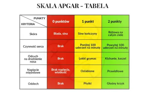 Tabela oceny noworodka wg skali Apgar: kryteria (skóra, serce, odruch, napięcie mięśniowe, oddech) i punkty (0, 1, 2) dla oceny stanu dziecka.
