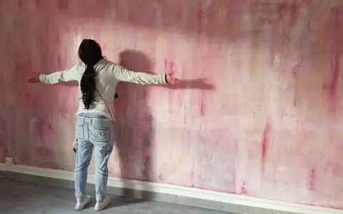 Une personne admire une peinture à la spatule sur mur aux tons roses et blancs, les bras écartés.