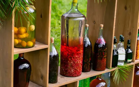 Drewniana półka z butelkami pełnymi nalewek: cytrynowej, z czerwonych porzeczek i innych owoców. Oto jak przechowywać nalewki, by zachowały smak i aromat.