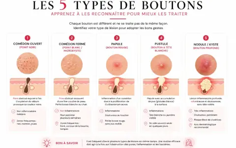 Les 5 types de boutons : comédon, papule, pustule, nodule/kyste. Apprenez à les reconnaître pour mieux les traiter et savoir comment enlever l'acné en une nuit.