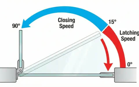 Illustration du réglage ferme porte : vitesse de fermeture (90° à 15°) et vitesse d'enclenchement (15° à 0°).