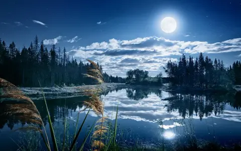 Paysage nocturne féerique, lac paisible reflétant la lune et les nuages. Une retouche photo paysage Photoshop qui sublime la nature.