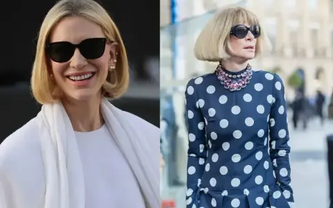 Dwie kobiety w stylowych fryzurach french bob. Jedna w białej kreacji, druga w granatowej w grochy.