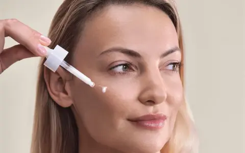 Kwas palmitynowy w kroplach serum pielęgnuje skórę kobiety, nadając jej blask.