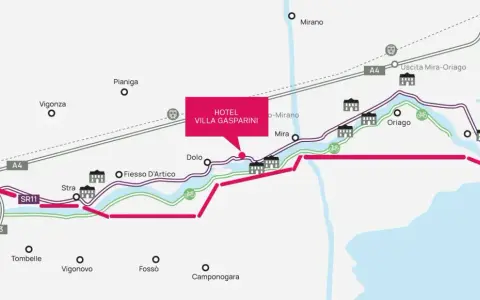 Mappa della ciclovia del Brenta, con hotel Villa Gasparini, da Padova a Fusina, passando per Stra, Mira e Oriago.
