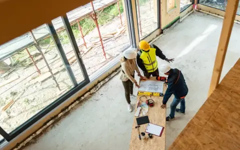 Bauarbeiter und Architektin besprechen Pläne für den Ausbauhaus Kosten. Sie stehen an einem Tisch mit Werkzeugen und Farbpaletten.