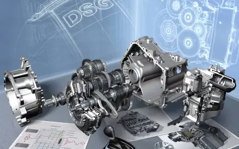 Rozłożony na części mechanizm DSG, schematy i dźwignia zmiany biegów. To obraz rewolucji w **power shift**.