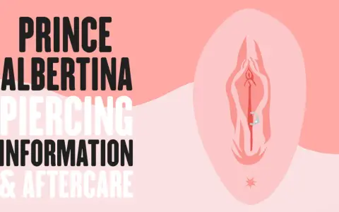 Grafika z napisem "Prince Albertina Piercing Information & Aftercare" i schematycznym przedstawieniem piercingu.