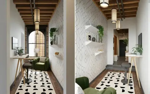 Industriell inredning inspiration: En grön soffa, ett skrivbord med pall och en matta med grafiskt mönster i en modern hall.