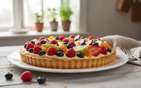 Una deliziosa crostata di frutta, con fragole, kiwi, mirtilli e lamponi, su una base dorata e crema pasticcera.