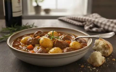 Un invitante spezzatino di manzo con patate e carote in una ciotola, accompagnato da pane fresco e un bicchiere di vino.