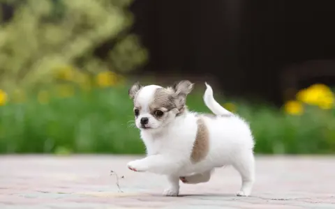Urocze małe psy krótkowłose, szczenię chihuahua, stawia pierwsze kroki na chodniku, z zielenią i żółtymi kwiatami w tle.
