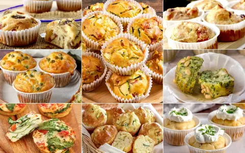 Muffin salati morbidissimi con piselli, zucchine, pomodoro e spinaci. Alcuni con formaggio e pinoli, altri con panna e erba cipollina.