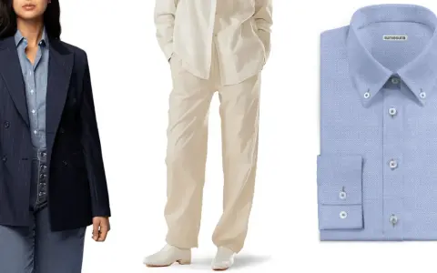 Traje a rayas azul marino, conjunto beige y camisa azul claro. La moda andrógina significa libertad de expresión.