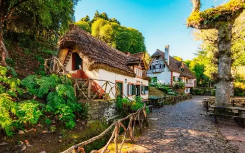 Casitas de cuento con tejados de paja, perfectas para crear viajes inolvidables para adolescentes. Un camino empedrado y vegetación exuberante.