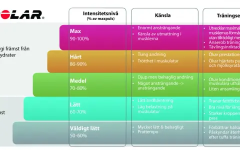 Tabell visar träningsnivåer från Polar. Vid 130 i puls under promenad är det "Lätt" intensitet, bra för fettförbränning.