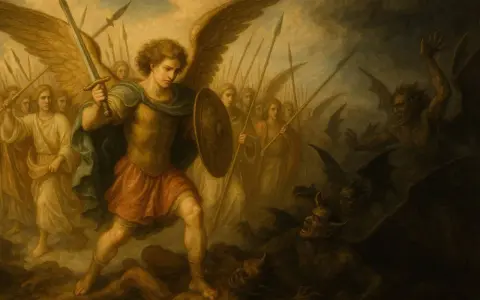Archanioł Michał z mieczem i tarczą walczy z demonami. Za nim anielska armia.