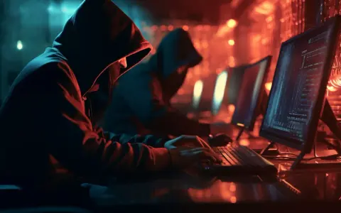 Dwóch hakerów w kapturach pracuje przy komputerach w ciemnym pomieszczeniu. W tle widać kolejne monitory. To obrazek ilustrujący, exploit co to jest.
