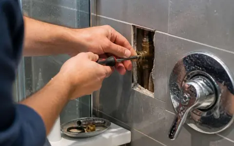 Plombier ajustant une pièce de robinetterie avec un tournevis. Un flexible renforcé est visible dans le mur.