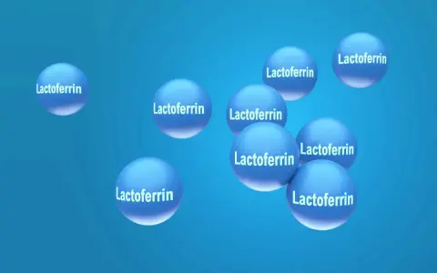 Sfere blu con la scritta "Lactoferrin" che illustrano a cosa serve la lattoferrina, una proteina benefica.