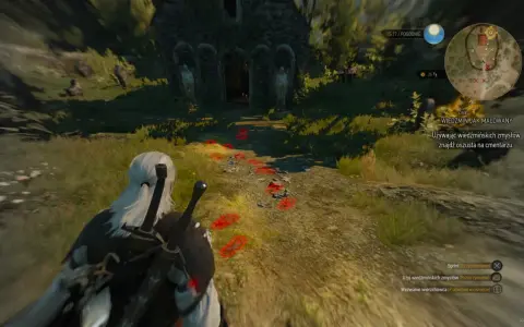 Geralt podąża tropem, który prowadzi do starego cmentarza. Wiedźmin jak malowany, gotów do akcji.