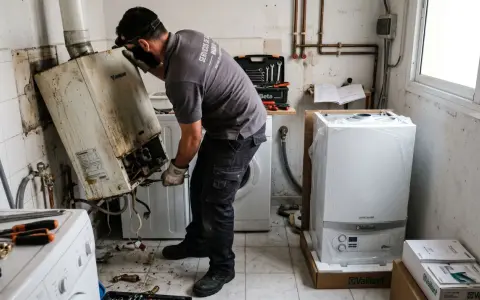 Técnico retirando caldera vieja y desembalando una nueva. Averigua cuanto cuesta cambiar una caldera de gas.