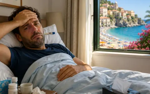 Uomo malato a letto con termometro, mentre fuori si vede una spiaggia affollata. La sua **malattia e ferie attaccate** rovinano la vacanza.