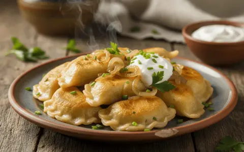 Dampfende Pierogi Ruskie auf einem Teller, garniert mit Zwiebeln, Petersilie und einem Klecks Sauerrahm.